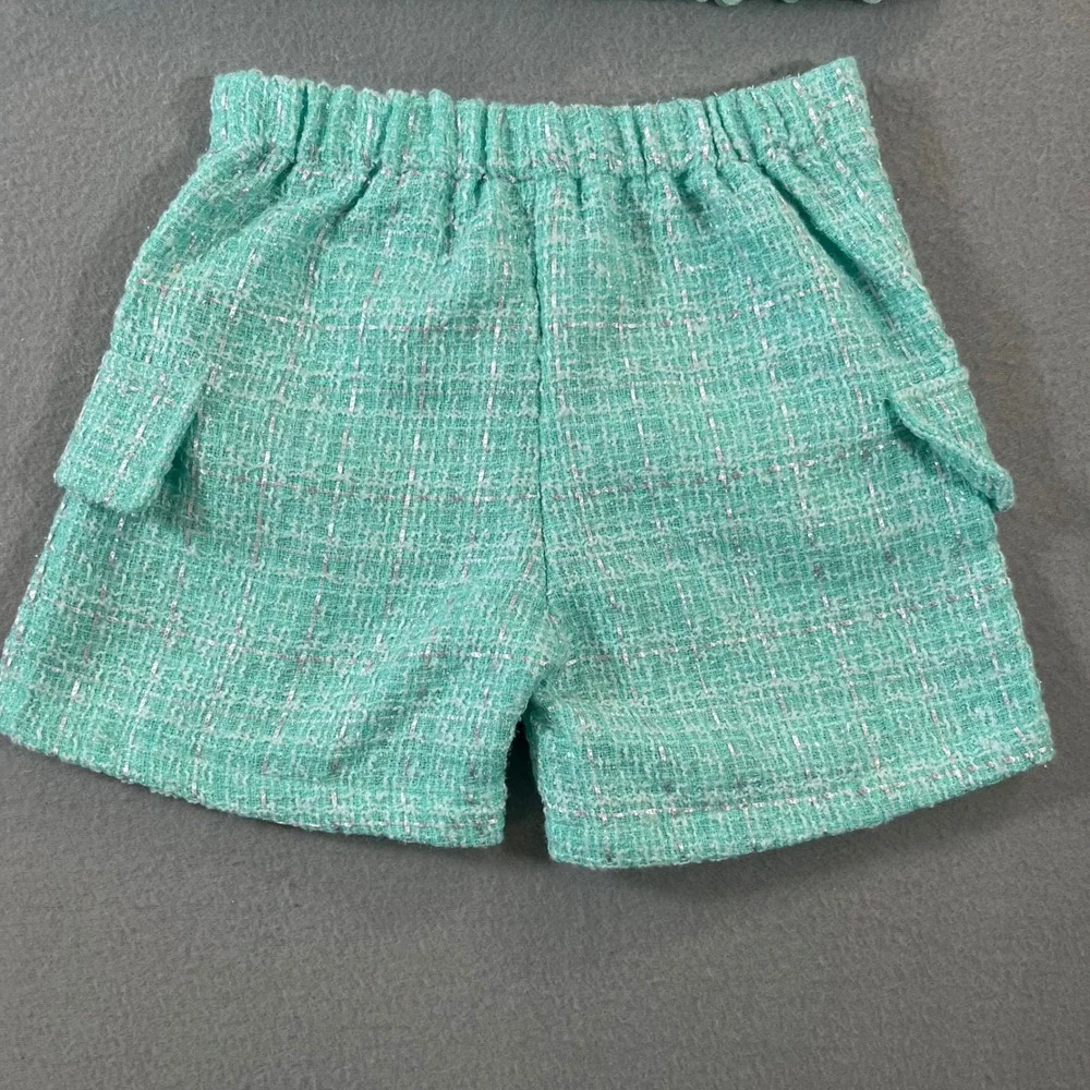 Mia Belle Girls Mint Green Tweed 2 Piece Set Rosette Trim Shorts Jacket Size 7/8